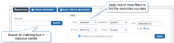 The menu of filters on the Resources page. A user has applied filters to find Documents in Spanish that are not in use in any forms and are linked to other resources.